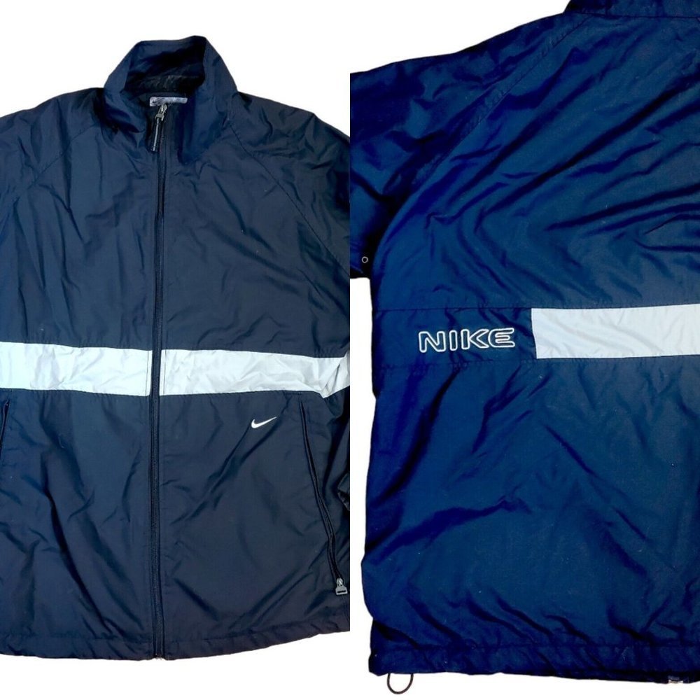 Vintage Y2K Nike Black Zipup Windbreaker Jacket Athletic Lined Spellout Sz LG